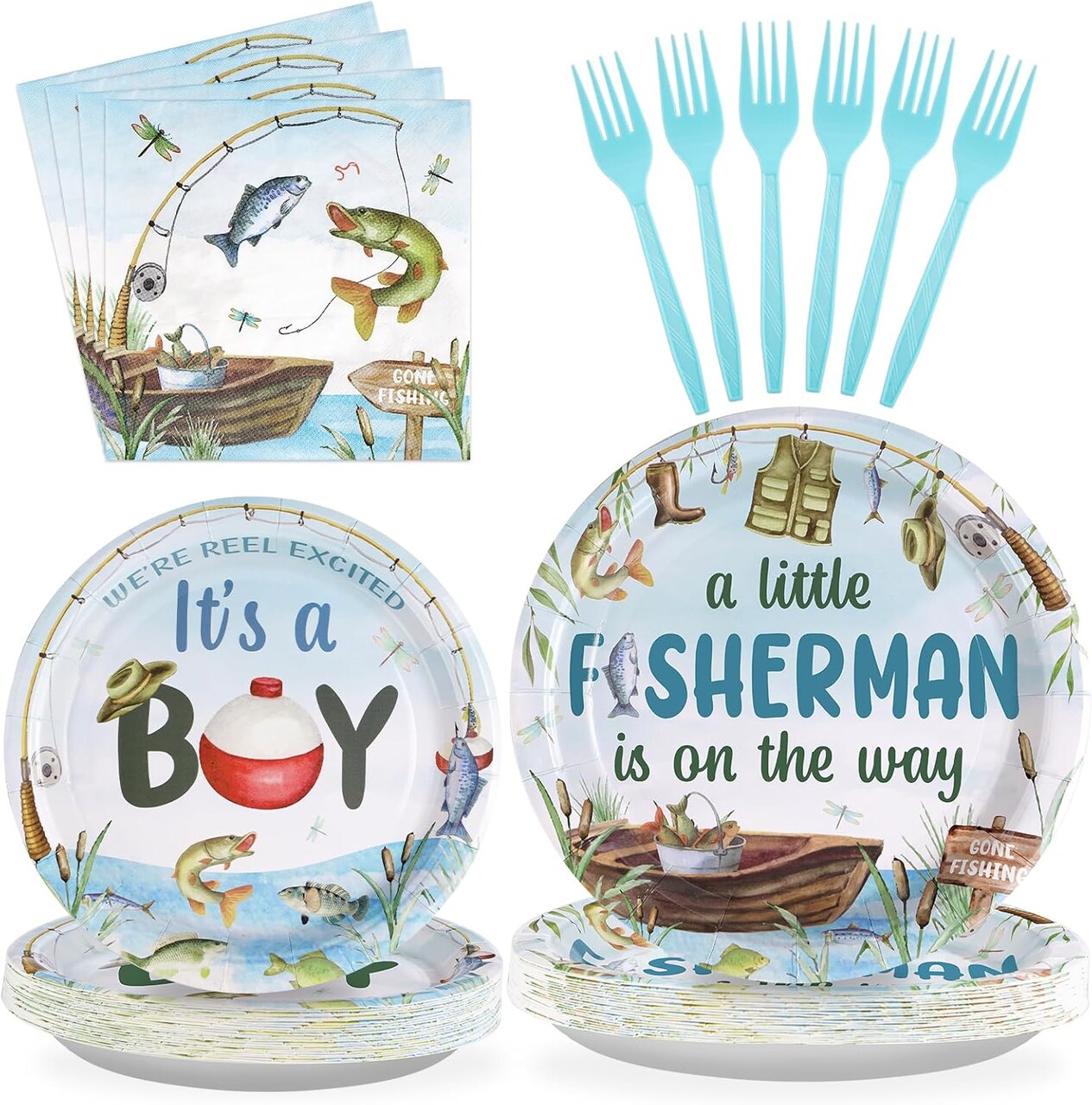 96 Pcs Fishing Baby Shower Party Decorations, Serves 24 (Blue)